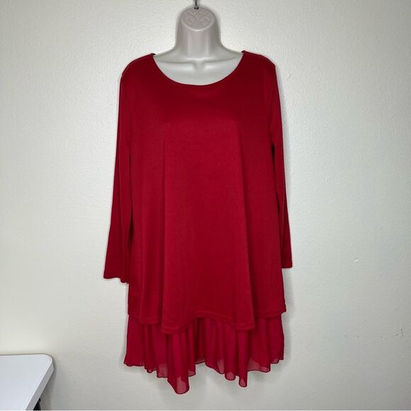 CL Shang Collection Red Rib Knit Chiffon Bow Back Ruffle Tiered Dress Women XL - Picture 14 of 14
